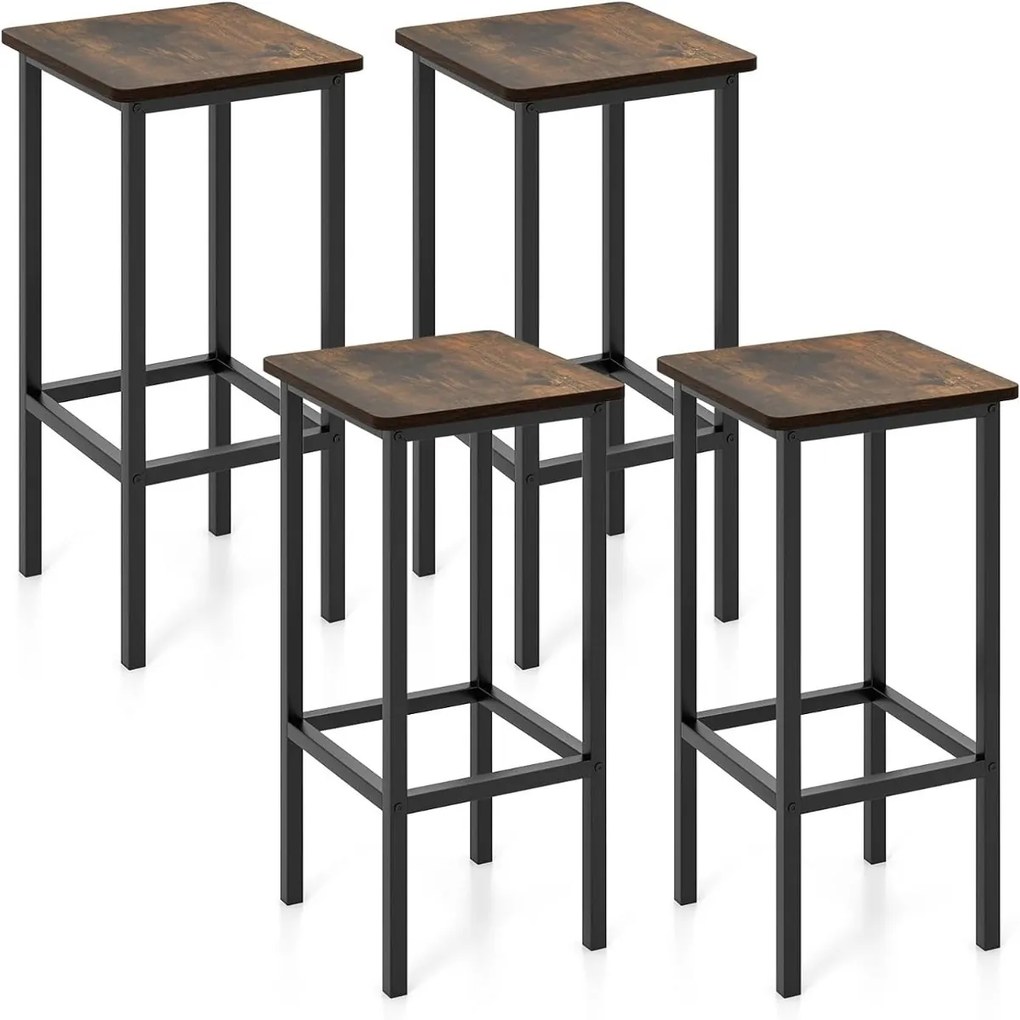 Conjunto de 4 bancos de bar com pés de metal, apoio para os pés e encosto industrial, altura para cozinha ou sala de jantar, 30 x 30 x 65 cm, Castanho