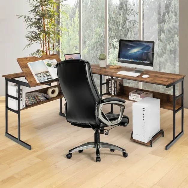 Secretária de canto moderna em forma de L, com mesa de desenho inclinável com prateleira inferior, estrutura em metal - Castanho Escuro