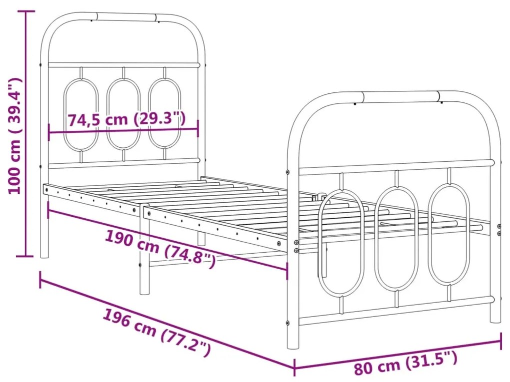 Estrutura de cama com cabeceira e pés 75x190 cm metal branco