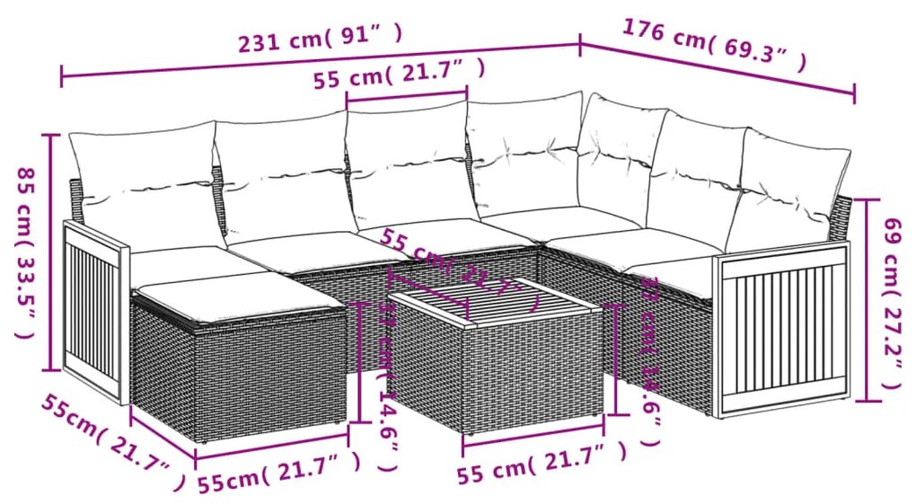 8 pcs conjunto de sofás p/ jardim com almofadões vime PE bege
