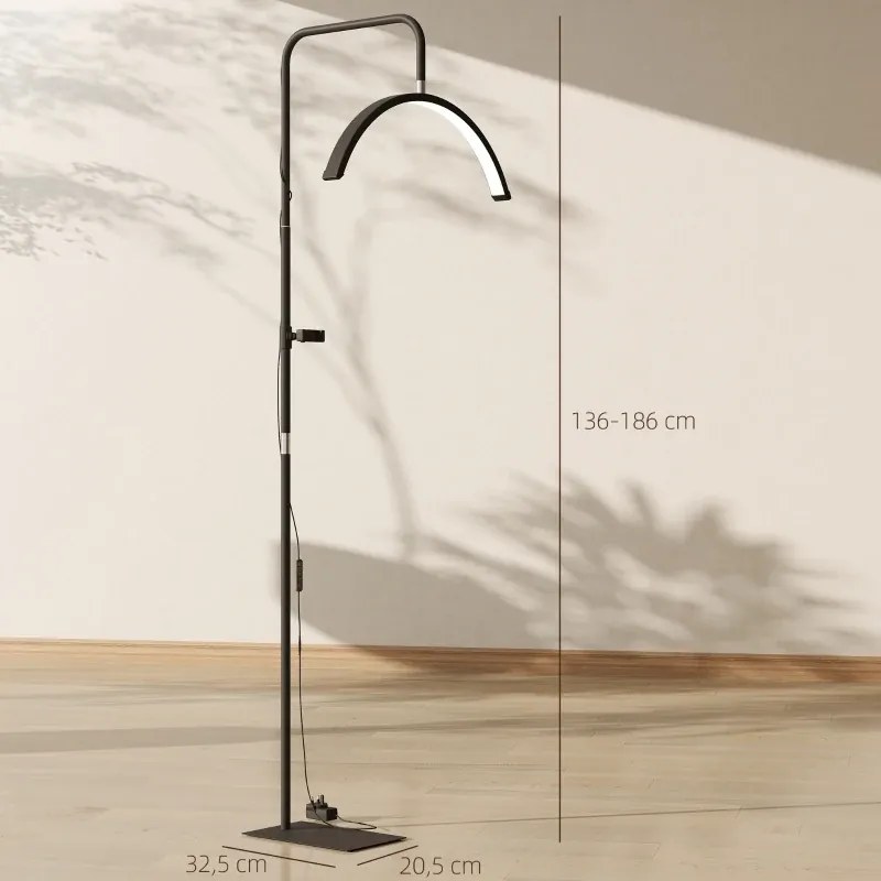 Candeeiro de Pé Meia Lua com Cabeça Giratória 350° 7 Temperaturas de Cor Brilho Ajustável Suporte para Telemóvel Preto