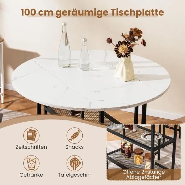 Mesa de jantar com aparência de mármore 100 x 100 x 80 cm, mesa dobrável móvel para 2-4 pessoas, branca