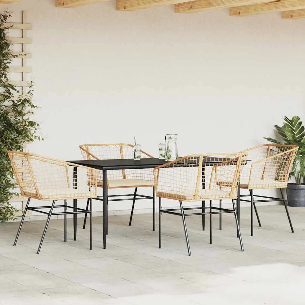 Conjunto jantar jardim 5 peças almofadas vidro vime PE castanho