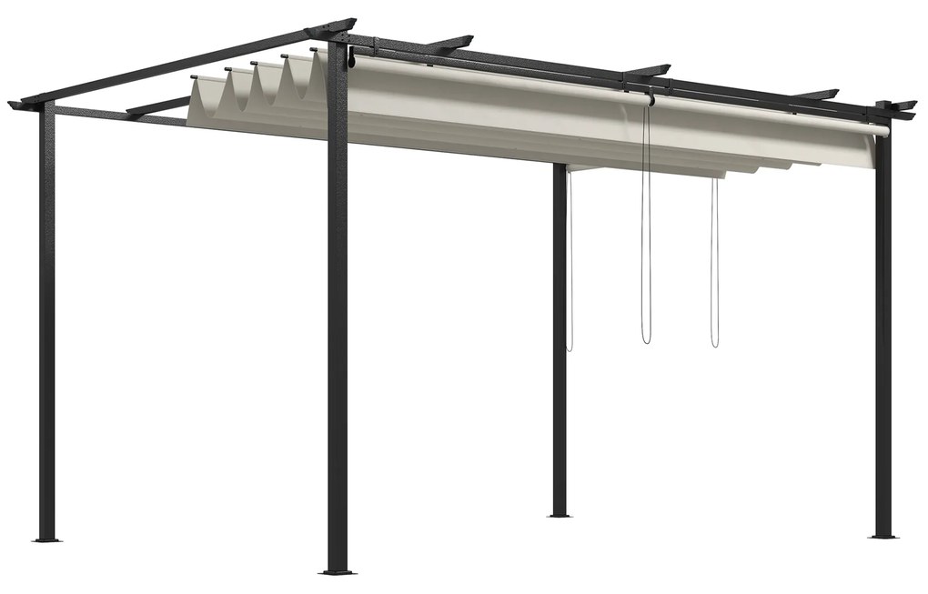 Outsunny Pérgola de Jardim com Teto Retrátil 4 Cortinas Enroláveis de Poliéster e Estrutura de Metal 3,95x2,95 cm Creme