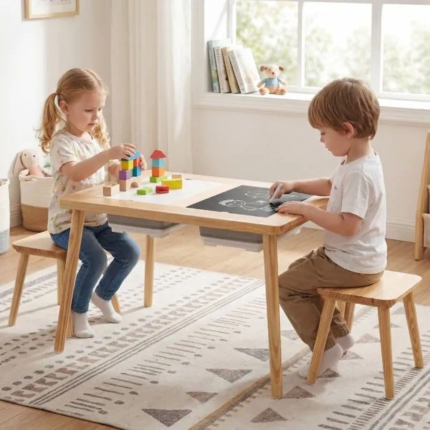 Mesa para crianças 3+ anos sensorial com bancos Superfícies duplas removíveis Baldes e pinho Natural e preto e branco