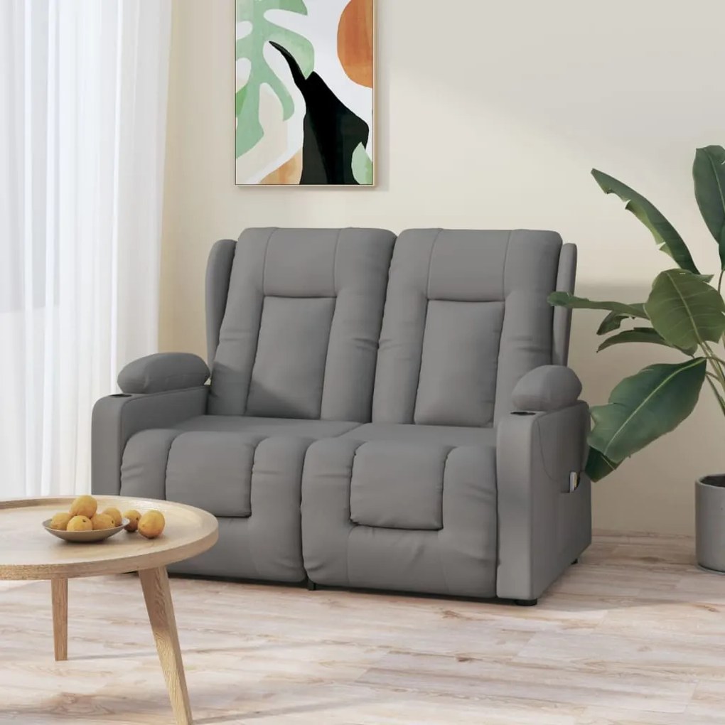 vidaXL Poltrona massagens 2 lug. reclinável sup. copo couro art. cinza