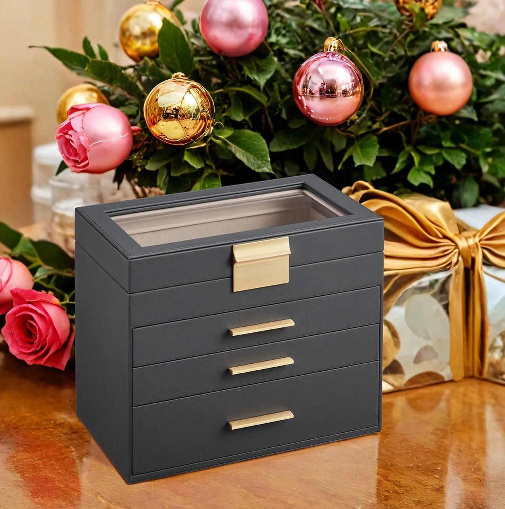 Caixa para joias com 4 níveis 15,3 x 25,1 x 21,5 cm cinzento-dourado
