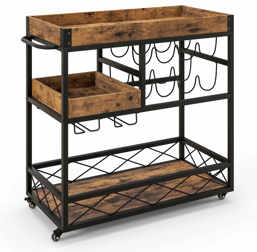 Carrinho garrafeira e de serviço de bar de 3 níveis Tabuleiro amovível Suporte de vinho Suporte de copos para cozinha Sala de jantar 80x40x83cm Castan