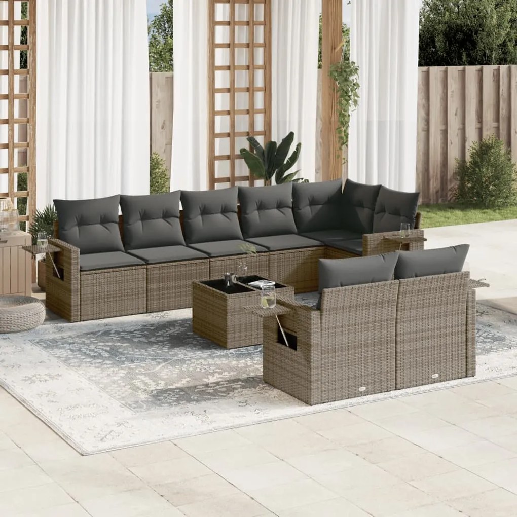 9 pcs conjunto sofás p/ jardim com almofadões vime PE cinzento