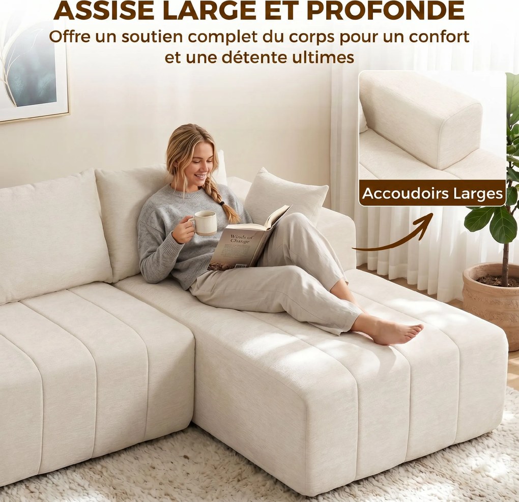 Sofá-Cama de Canto com Chaise Longue, 256 x 158 x 85 cm, Assento com Molas Ensacadas, Bege