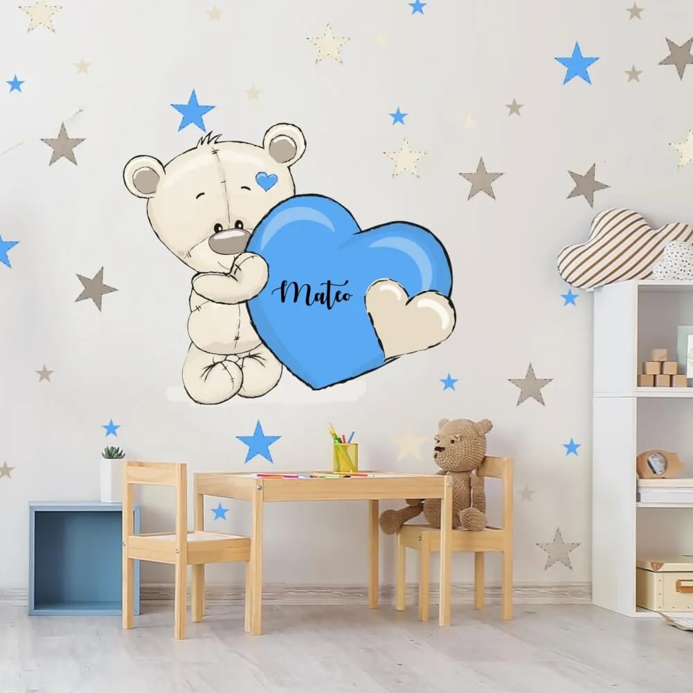 Autocolante de parede para menino - Urso com estrelas azuis e coração