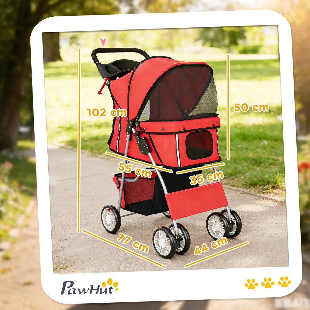 Carrinho para Cães Pequenos com Cesta de Armazenamento Suportes para Copos Rodas e Almofada Lavável 77x44x102 cm Vermelho