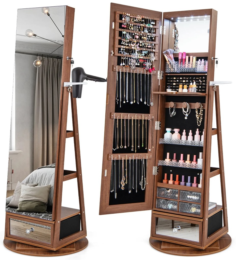 Armário para joias giratório 360° com fechadura, espelho de corpo inteiro e luzes LED - marrom rústico