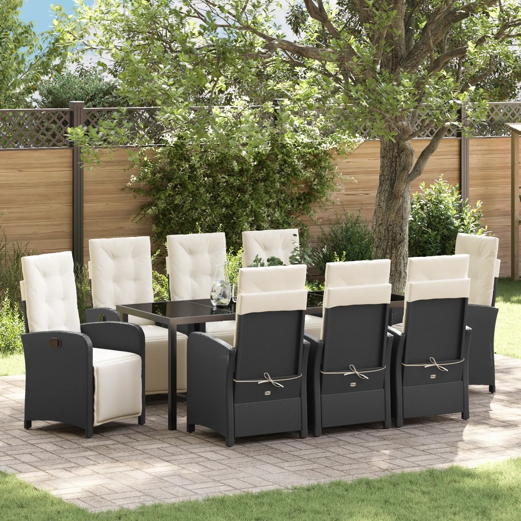 vidaXL Conjunto de Jantar para o Jardim de 9 Peças com Almofadas em Rattan Poliéster Preto