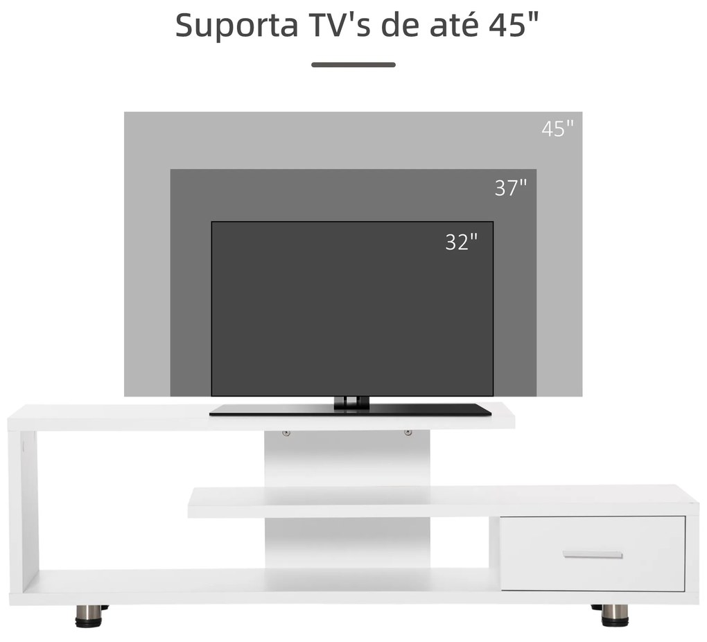 HOMCOM Móvel de TV para Televisores de até 45” Móvel de TV Moderno com 3 Prateleiras e 1 Gaveta para Dormitório Carga Máxima 60kg 135x35x41,7cm Branco