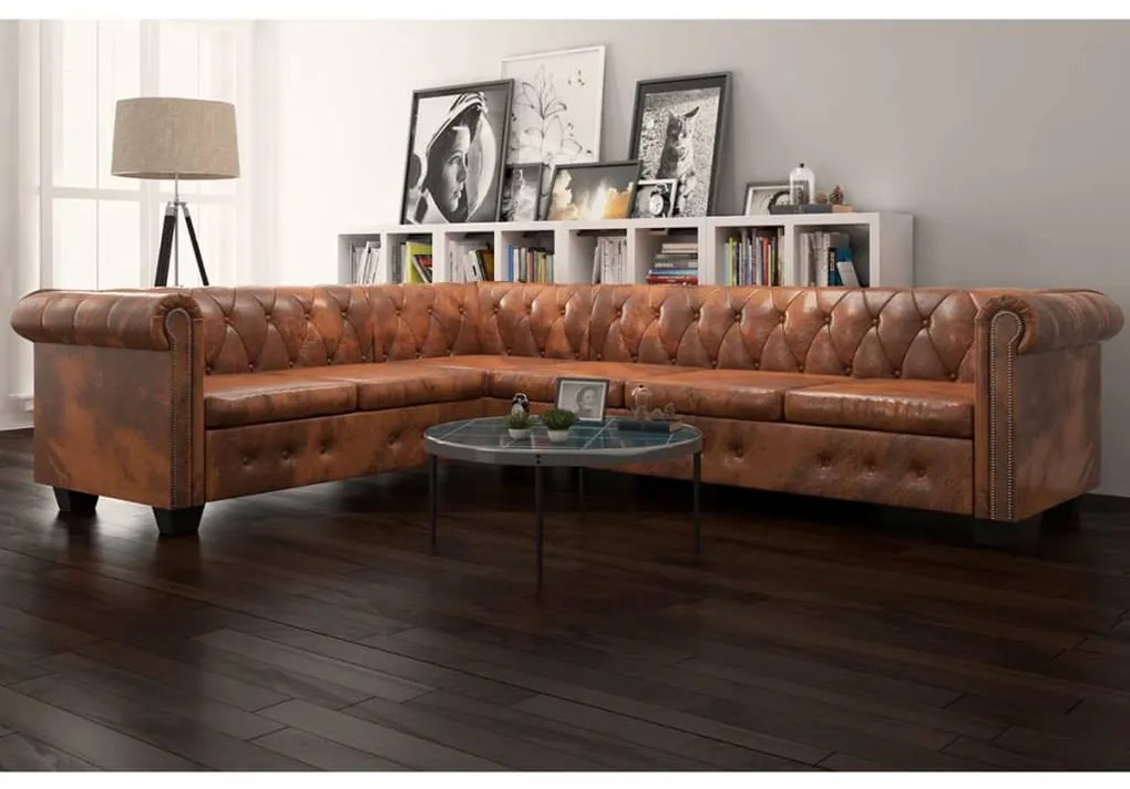 vidaXL Sofá de canto Chesterfield 6 lugares couro artificial castanho