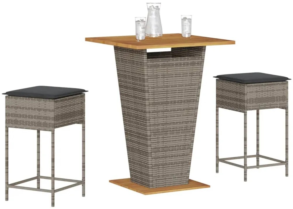 3 pcs conjunto de bar p/ jardim c/ almofadões vime PE cinzento