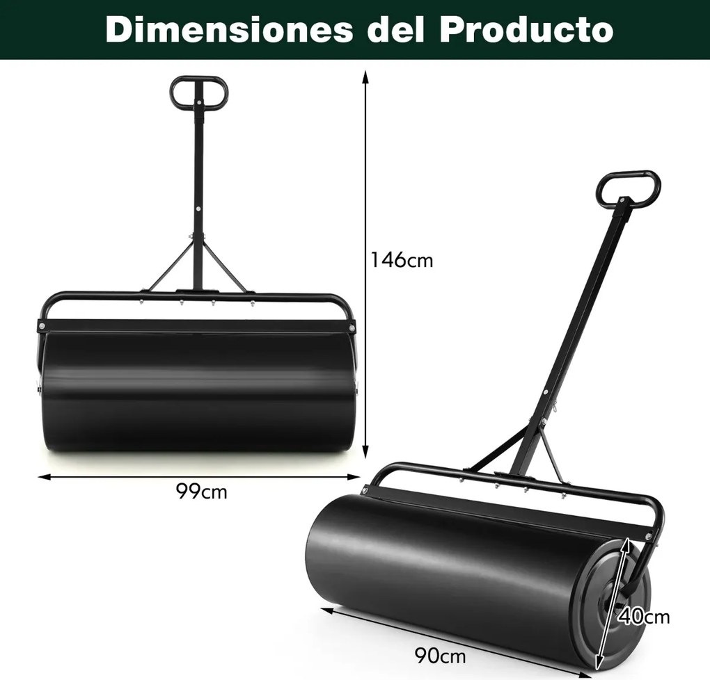 Rolo de relva metálico empurrar/puxar água/enchimento 113 L com pega amovível 99 x 40 x 146 cm Preto