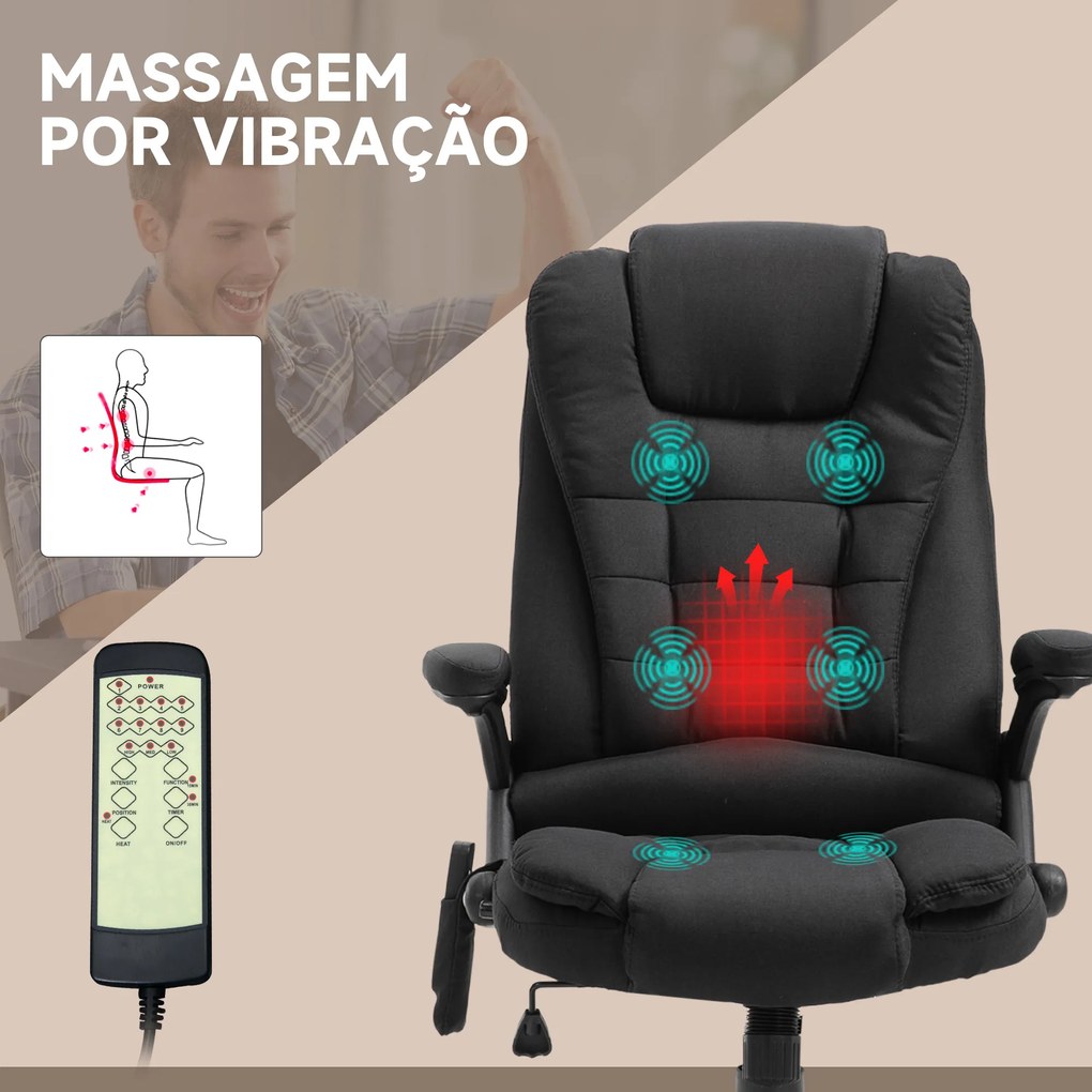 Cadeira de Escritório com 6 Pontos de Massagem Reclinável até 130° com Função de Aquecimento 68x72x110-120 cm Preto