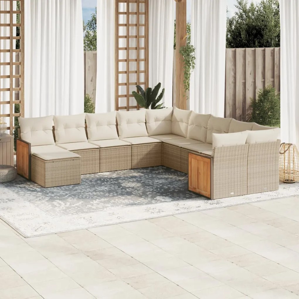 11 pcs conjunto sofás de jardim c/ almofadões vime PE bege