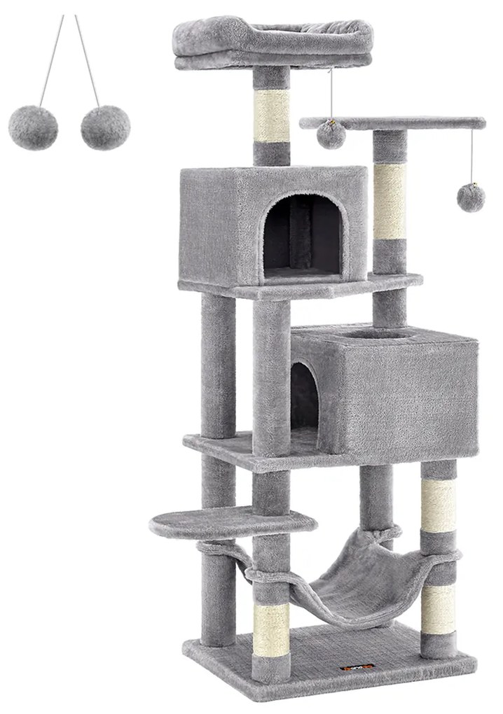 Árvore para gatos Feandrea, torre para gatos de 155 cm para gatos internos, condomínio de pelúcia multinível para gatos com 5 postes para arranhar, 2 cavernas, rede, 2 pompons, cinza claro PCT192W01