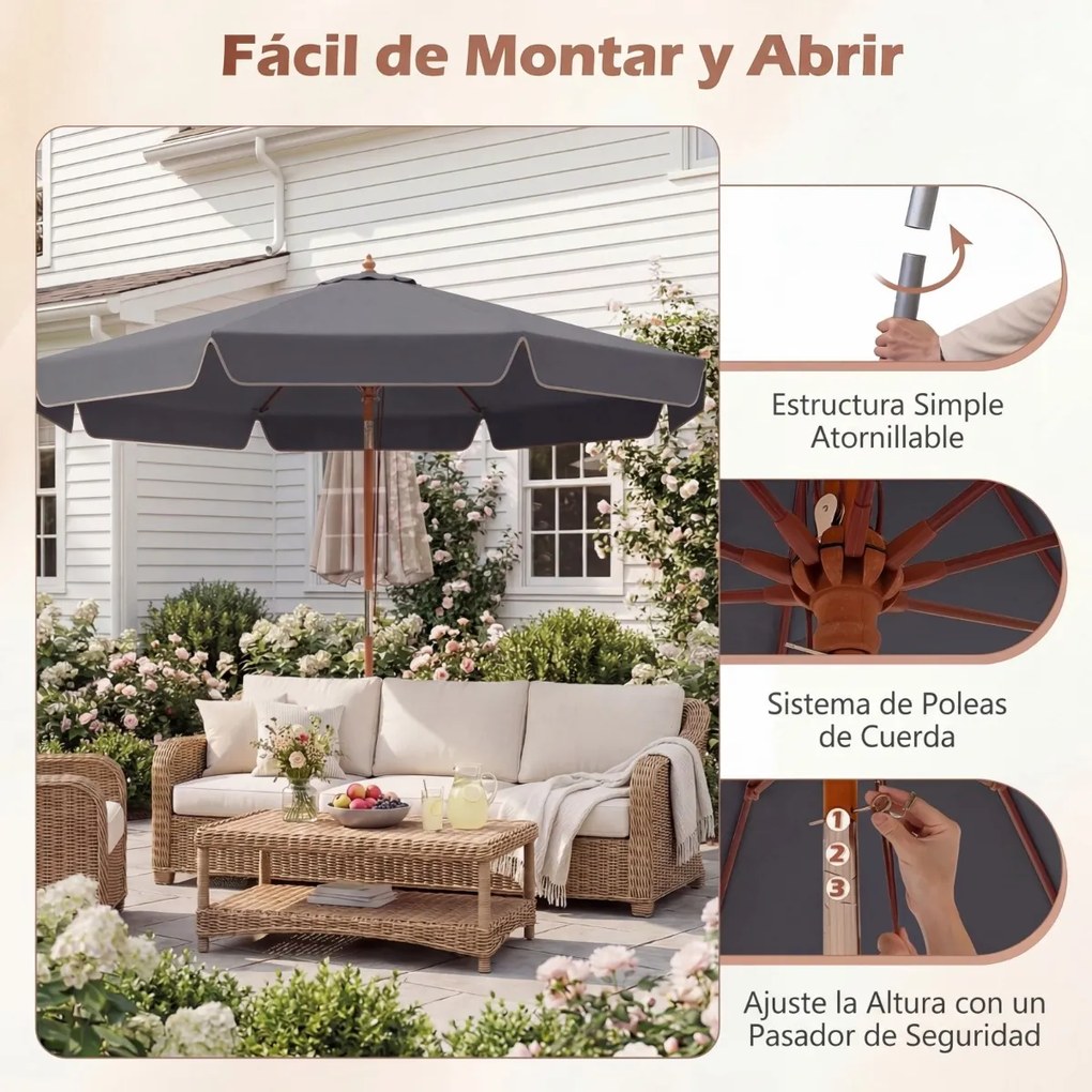 Guarda-sol para pátio de 300 cm com botão de inclinação (BASE NÃO INCLUIDA), cabo de madeira, cobertura ventilada e 8 varas – para jardim, praia, pisc