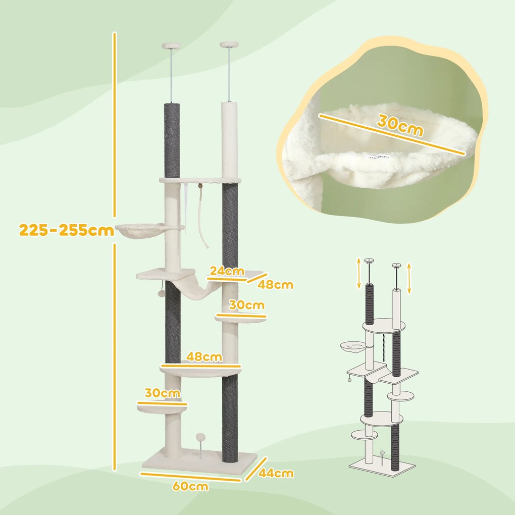 Arranhador para Gatos do Chão ao Teto 225-255 cm  com 7 Níveis Rede Plataformas Postes de Arranhar Creme e Cinza