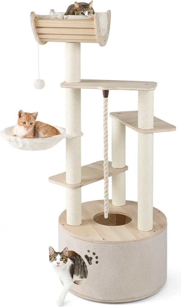 Arranhador para gatos de madeira 55 x 141 cm (diâmetro x altura) com vários níveis, com cama suspensa, postes para arranhar e acessórios carvalho + br