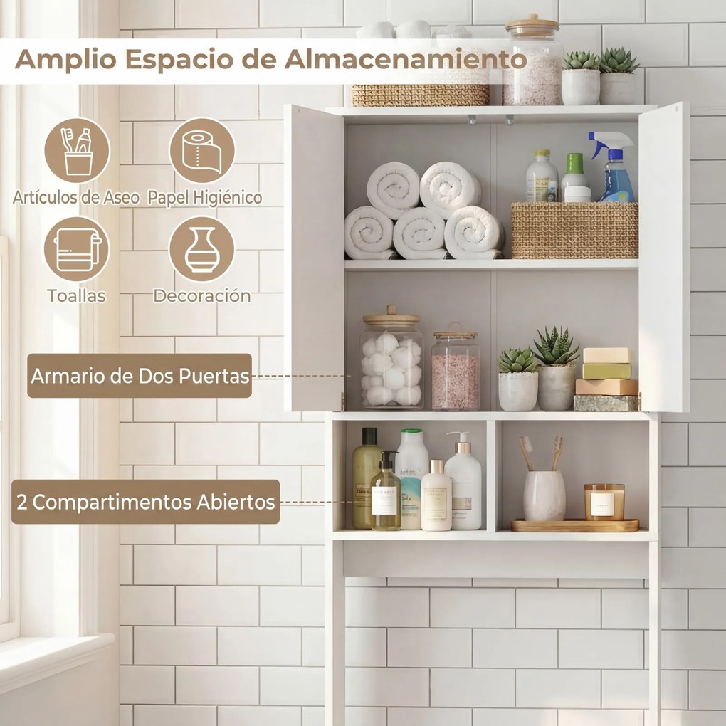 Armário para sanita com portas 60 x 23 x 166 cm, 2 compartimentos abertos e estante ajustável, economizador de espaço para a lavandaria, branco