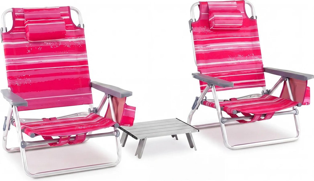 Conjunto de 3 peças: mesa e cadeiras de praia com cadeiras reclináveis, mesa dobrável em alumínio e mochila com 5 posições, com riscas cor-de-rosa