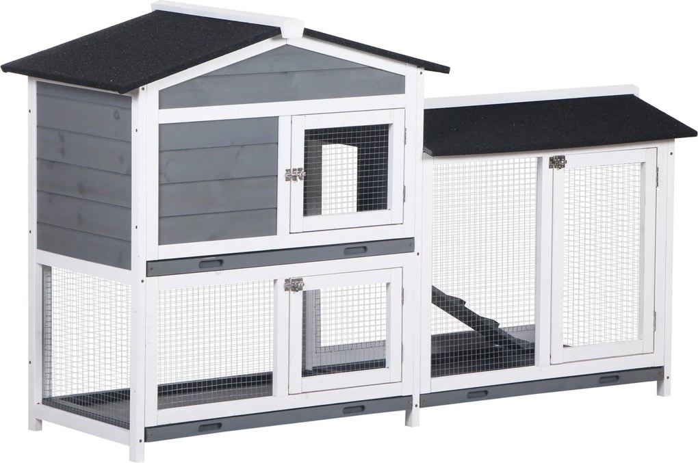 PawHut Coelheira de Madeira Exterior Gaiola para Coelhos de 2 Níveis com Teto Asfáltico 2 Cercados de Metal Bandeja Removível 3 Portas e Rampa 157,4x53x93,5 cm Cinza | Aosom Portugal