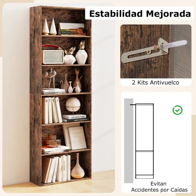 Estante aberta de 6 níveis 60 x 23,5 x 178 cm moderna para sala, quarto ou escritório Café