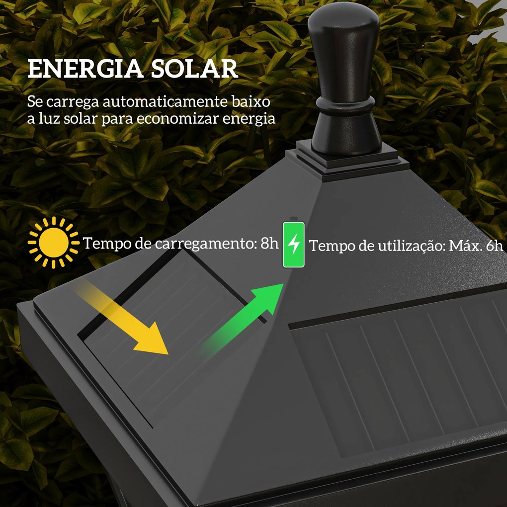 Candeeiro Solar de Jardim Candeeiro com Painel Solar Liga e Desliga Automaticamente para Exterior Pátio 15x15x127 cm Preto