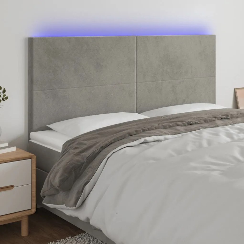 Cabeceira de cama c/ LED veludo 160x5x118/128 cm cinza-claro