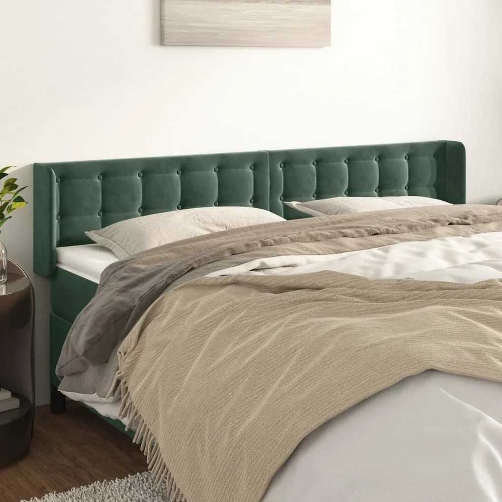 vidaXL Cabeceira de cama c/ abas veludo 203x16x78/88cm verde-escuro