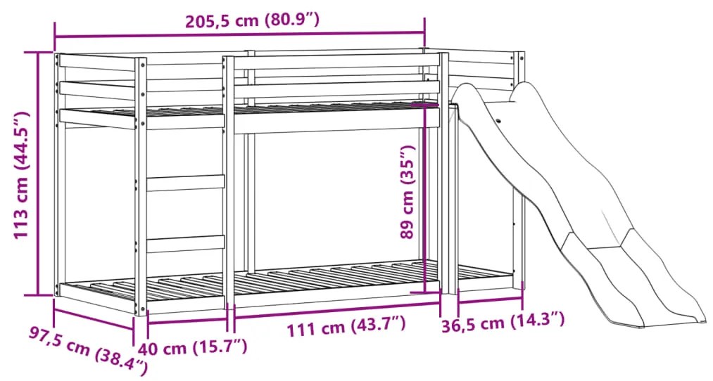 Beliche com escorrega e escada 90x200 cm pinho maciço branco