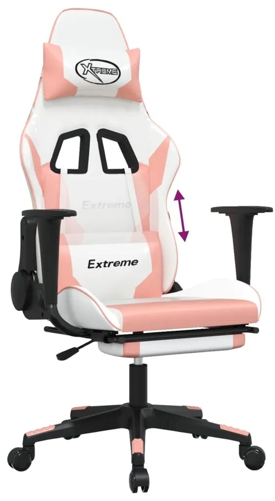 Cadeira gaming com apoio p/ pés couro artificial branco e rosa