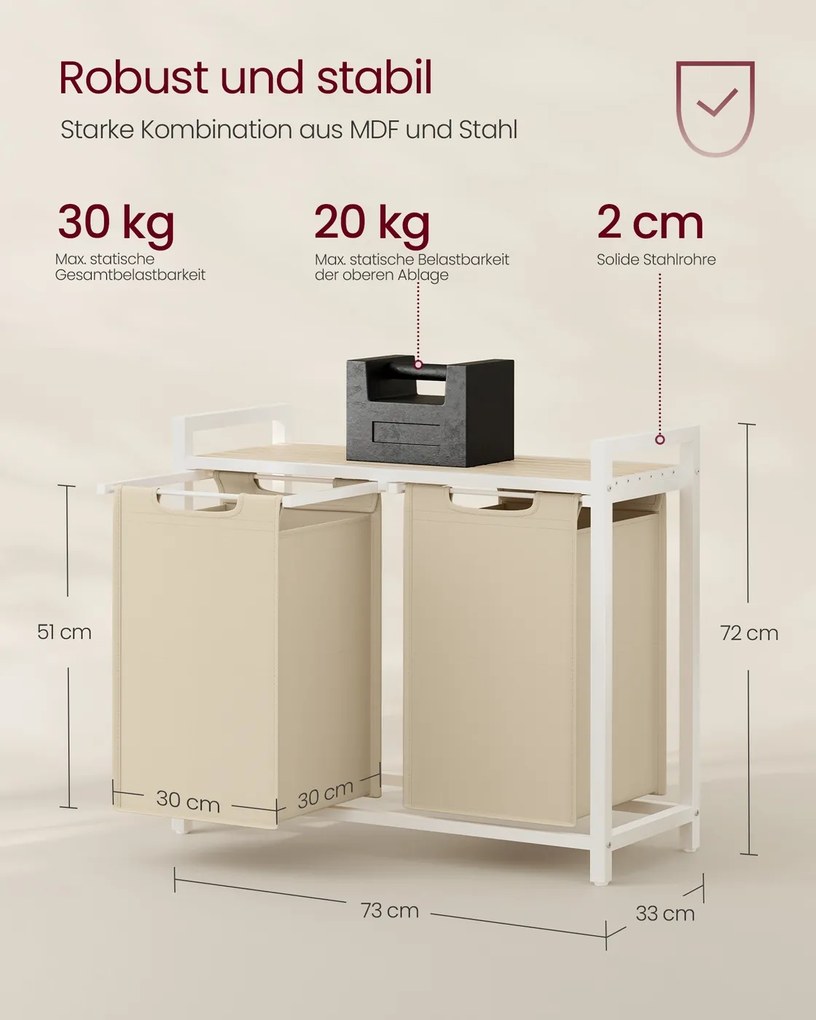 Cesto da roupa suja 73 x 33 x 72 cm com sacos extraíveis Bege