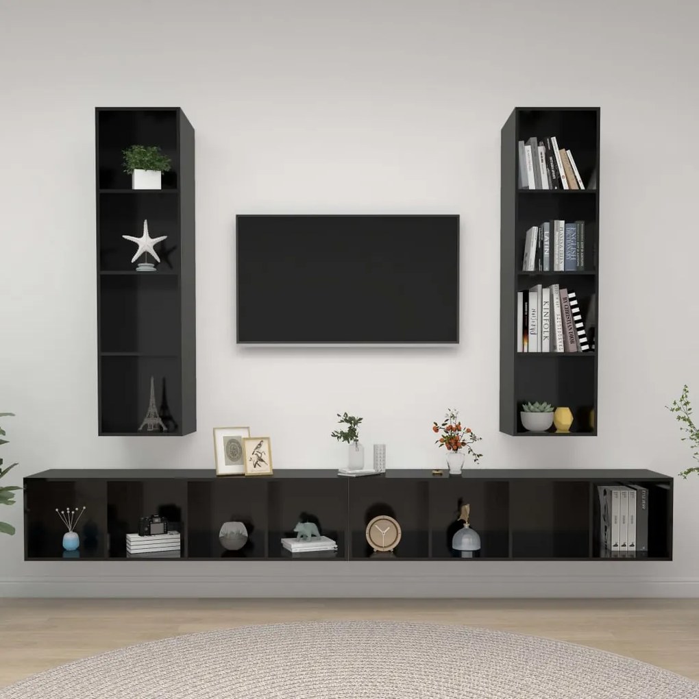 vidaXL Armários de parede TV 4 pcs derivados madeira preto brilhante