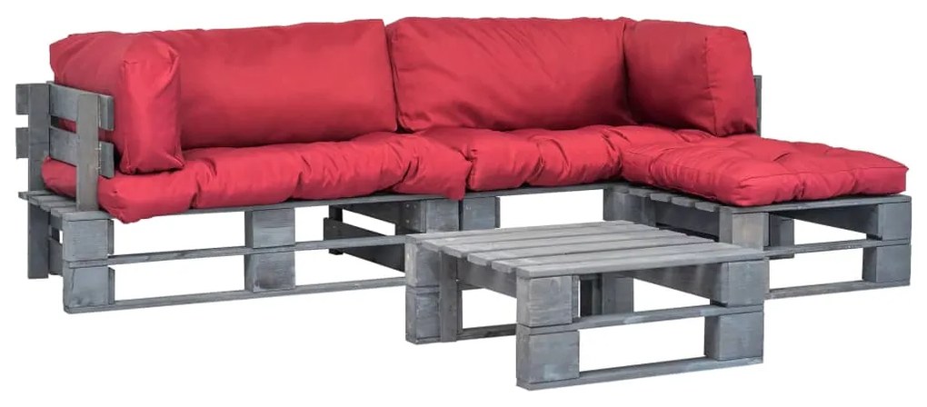 275313 vidaXL Conj. lounge de paletes 4 pcs com almofadões vermelhos madeira