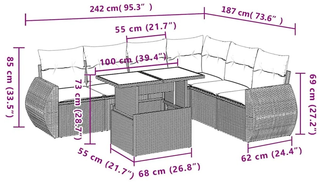 7 pcs conjunto de sofás p/ jardim c/ almofadões vime PE preto