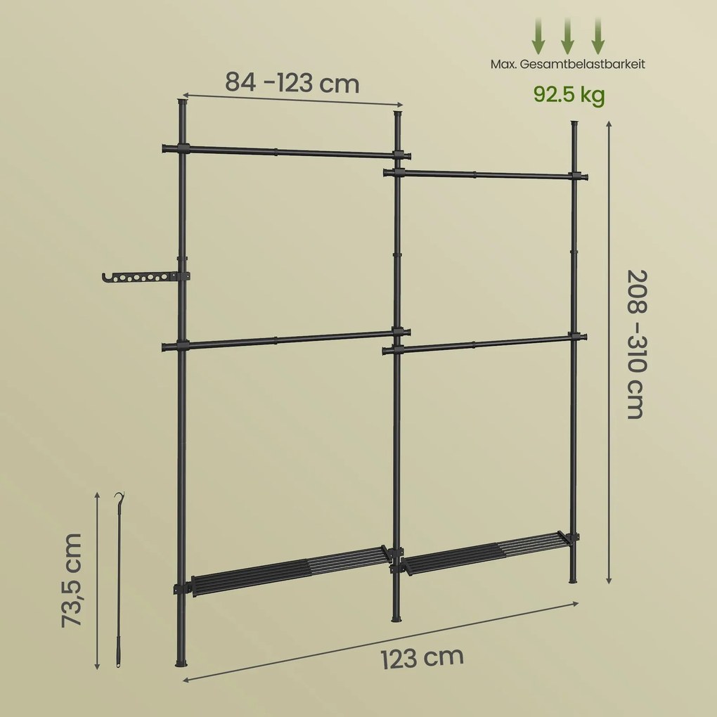 Guarda Roupa de 3 níveis, ajustável em altura e largura aberto com 4 varões e 2 prateleiras 33,5 x (162-238) x (220-300) cm preto