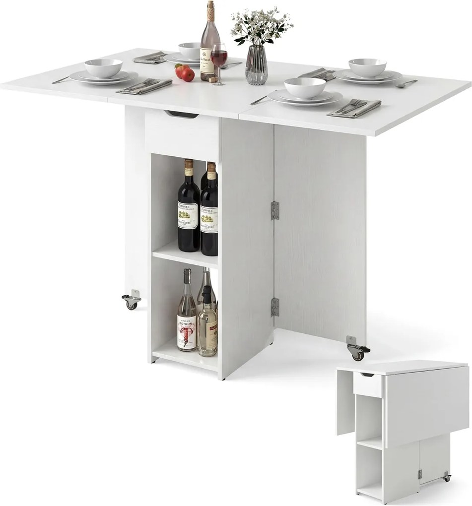 Mesa de jantar extensível 120 x 72 x 75 cm com 2 rodas; mesa de cozinha dobrável com prateleira, gaveta de 2 compartimentos e abas rebatíveis branca