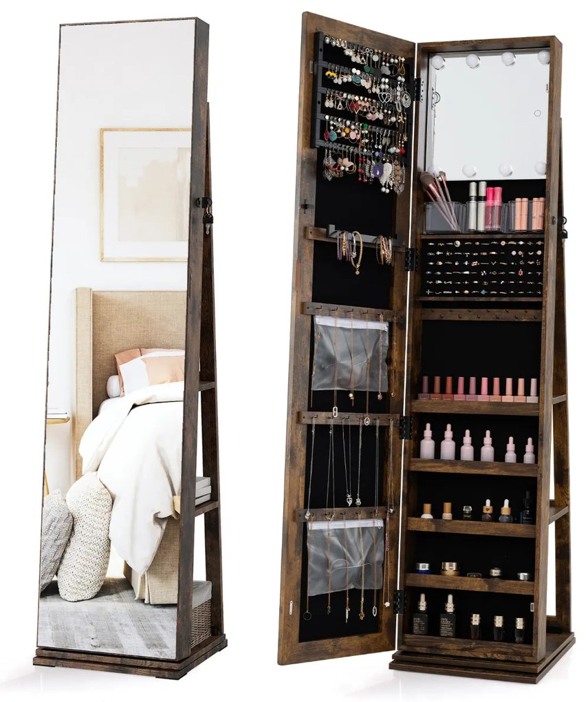 Armário para joias giratório 360° com espelho de corpo inteiro - branco