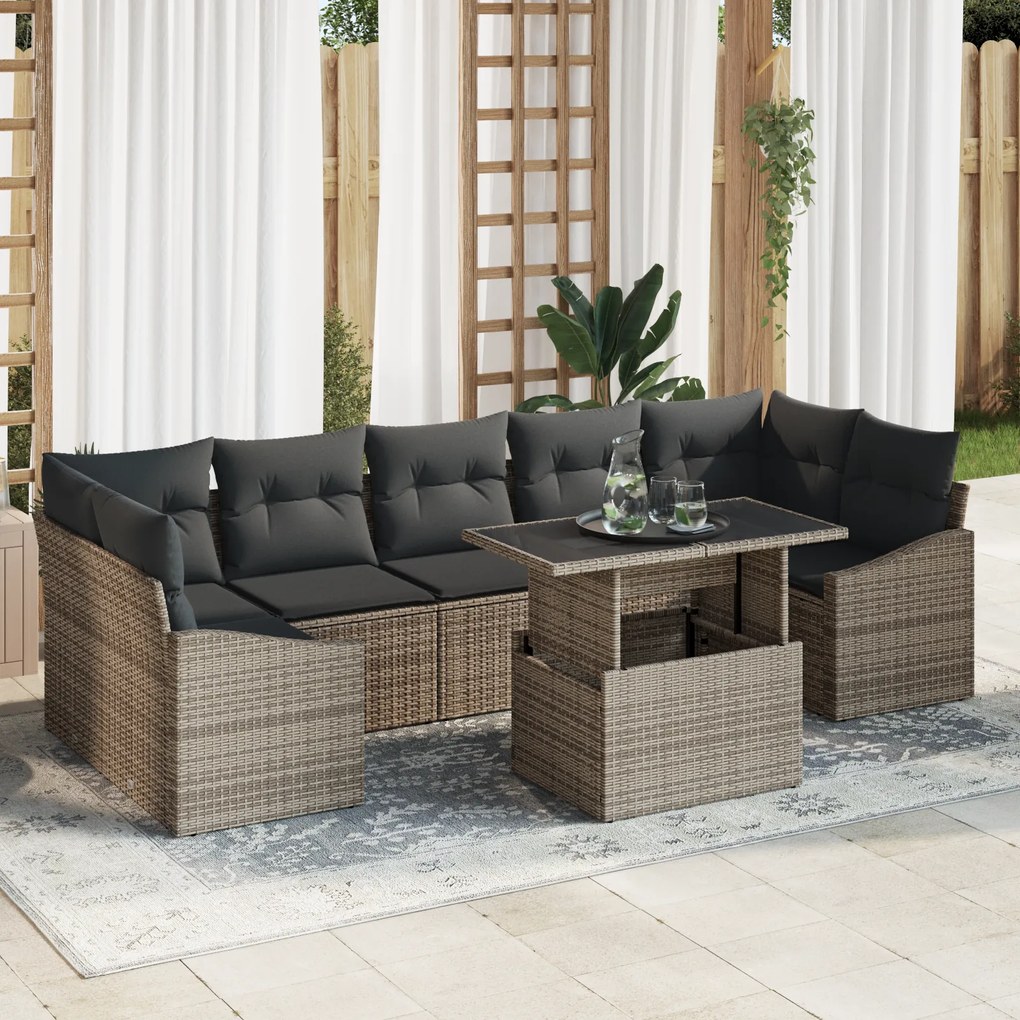 Conjunto de Sofá de Jardim 8 Peças com Almofadas Cinza Rattan Sintétic