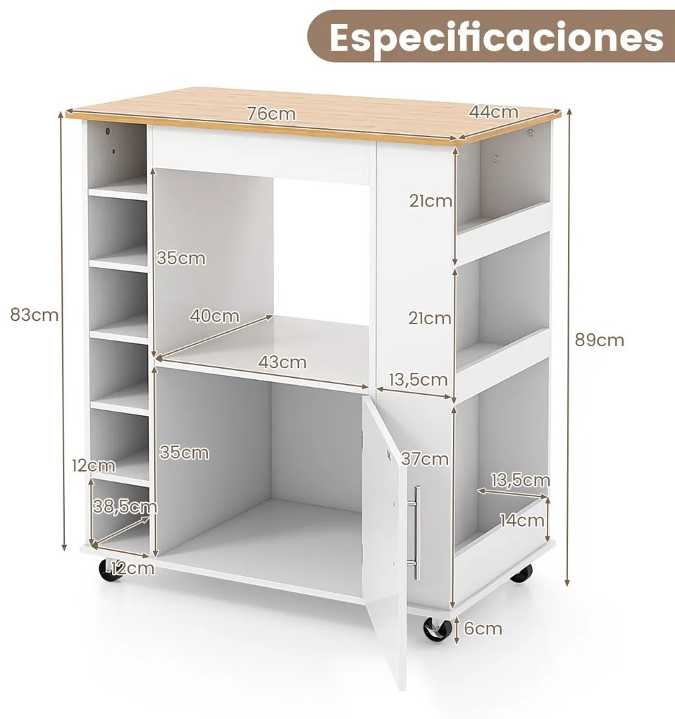 Carrinho de cozinha com rodas, toalheiro e tampa de bambu para sala de jantar e bar Estante para 6 garrafas de vinho 76 x 44 x 89 cm Branco