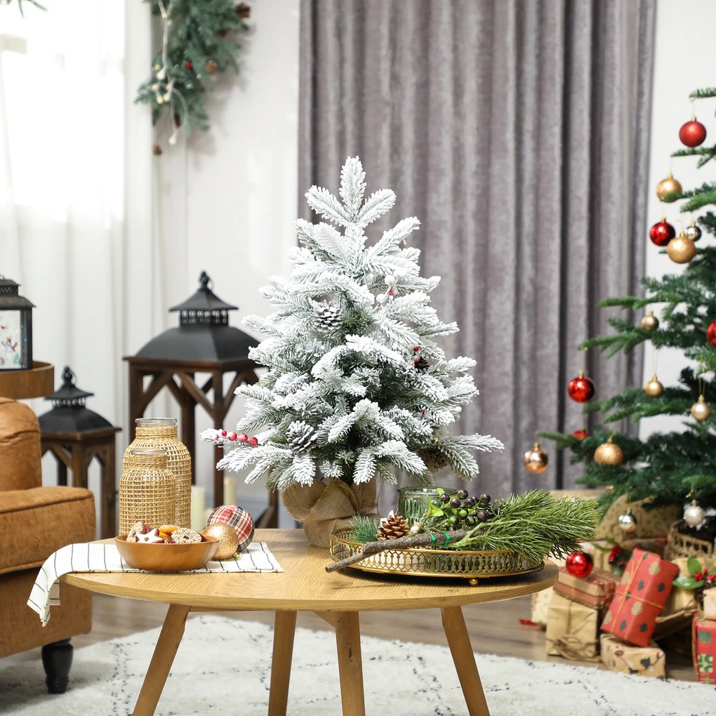 Mini Árvore de Natal Artificial com 35 Luzes LED 182 Ramos com Neve Pinhas Bagas e Base de Saco de Juta Ø48x60 cm Verde