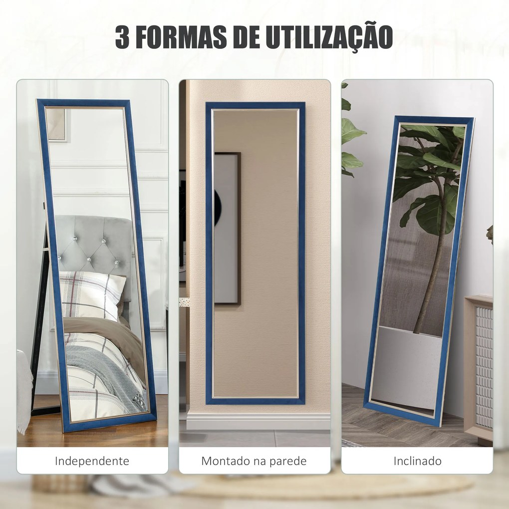 Espelho de Pé 50x150 cm Espelho de Corpo Inteiro com Estrutura em Veludo e Suporte para Sala de Estar Dormitório Azul