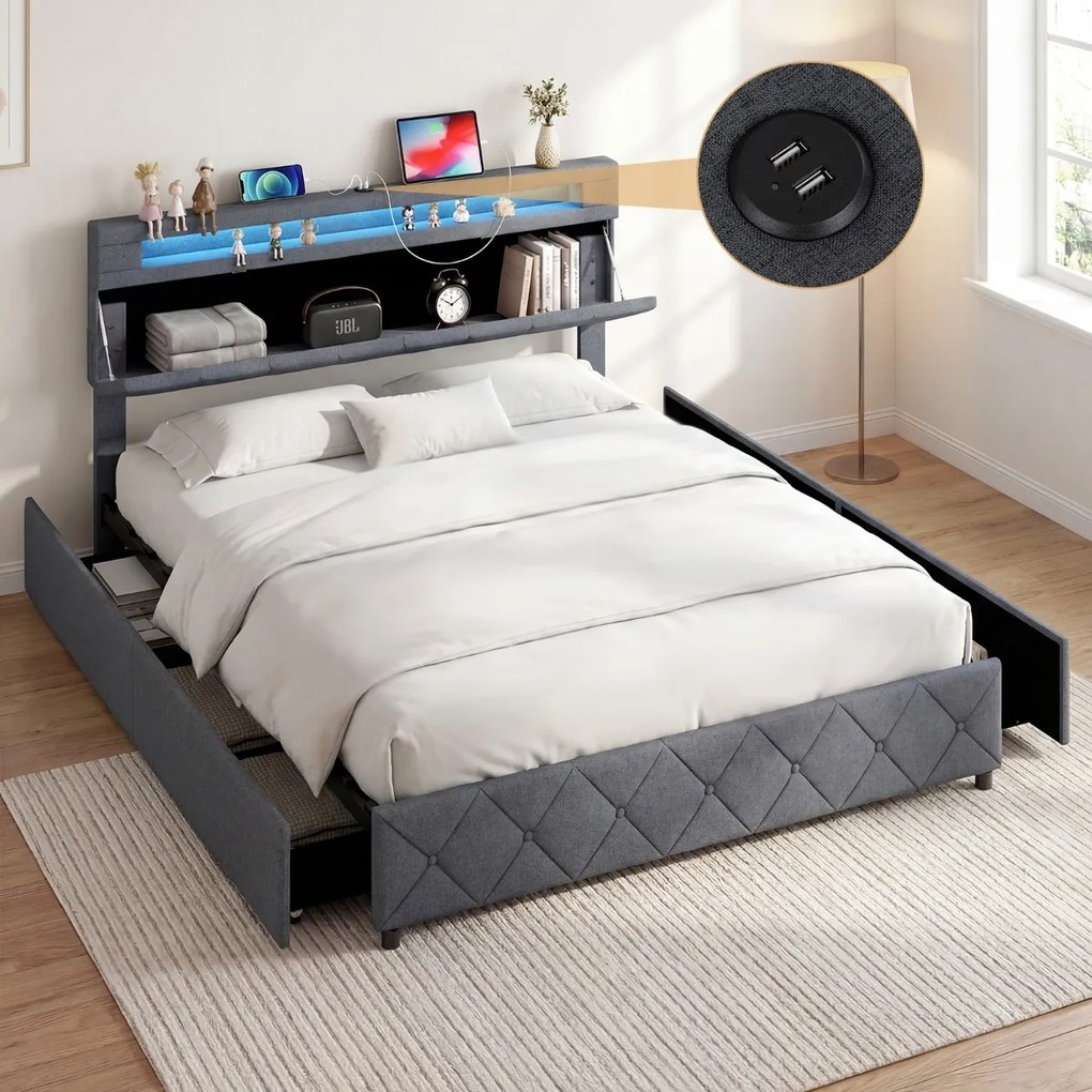 Estrutura de cama 160x200 cm (COLCHÃO NÃO INCLUIDO) com LED USB, estofado, gavetas, cabeceira ajustável, espaço de arrumação, ripas de madeira, não ne
