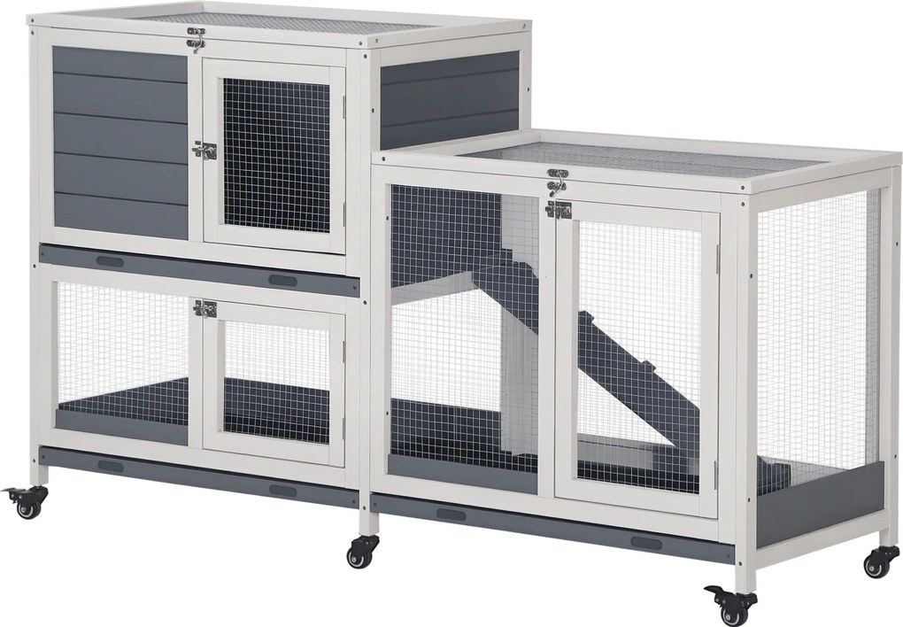 PawHut Coelheira de Madeira com Rodas 147x45,5x88,5cm Gaiola para Coelhos de 2 Níveis com Teto Abatível 2 Cercados de Metal Cinza | Aosom Portugal